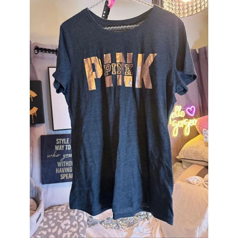 VS Pink short sleeve Campus cotton Tee white shell bling- rhinestone crystal
